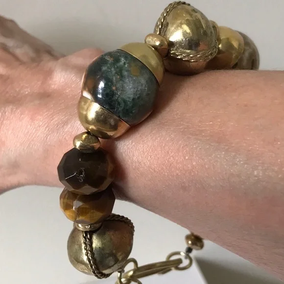 Ocean Jasper Tiger Eye Solid Brass Beads Artisan Made Beach Look Bracelet